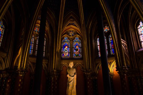 Notable stained-glass windows of biblical scenes of Ornate, 13th-century, Gothic chapel Sainte-Chapelle, Paris