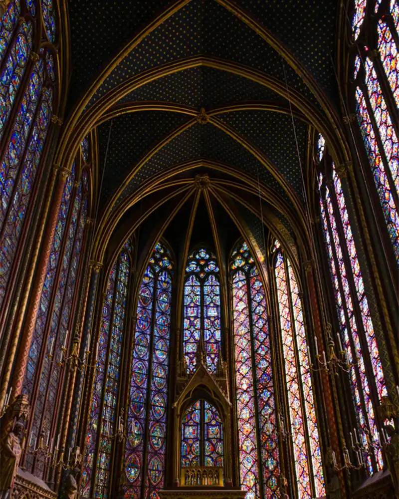 Notable stained-glass windows of biblical scenes of Ornate, 13th-century, Gothic chapel Sainte-Chapelle, Paris