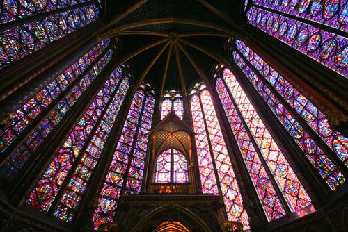 Upper Chapel of Saint Chapelle, a quintessential chapel in Paris, France, famous for its spectacular stained glass windows.