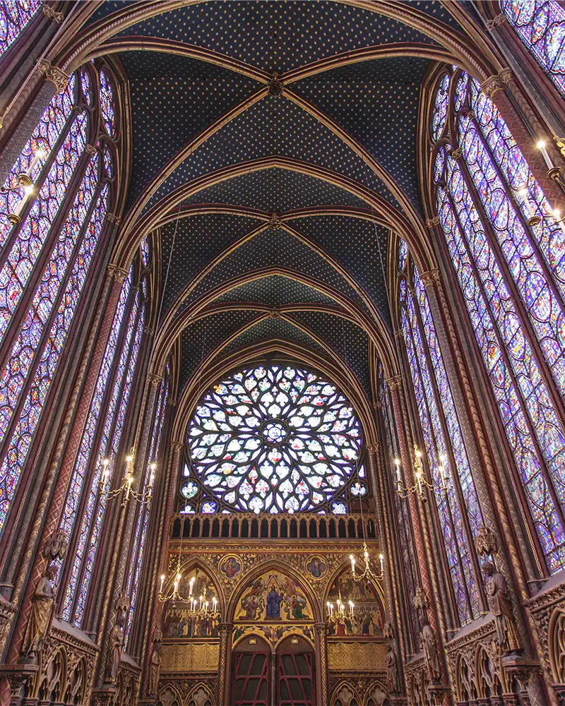 Stained glass windows inside the Sainte Chapelle a royal Medieval chapel in Paris, France