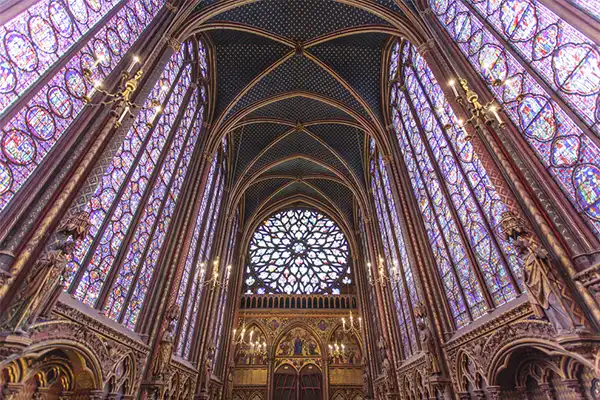 Stained glass windows inside the Sainte Chapelle a royal Medieval chapel in Paris, France